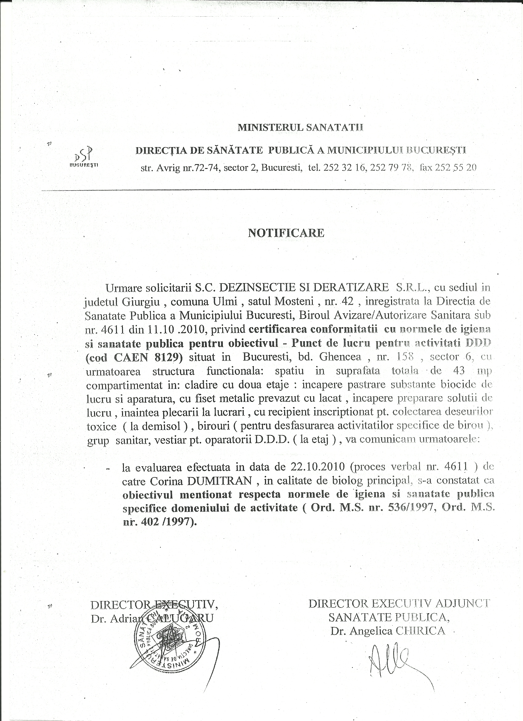 AUTORIZATIE AUTORITATEA DE SANATATE PUBLICA-BUCURESTI