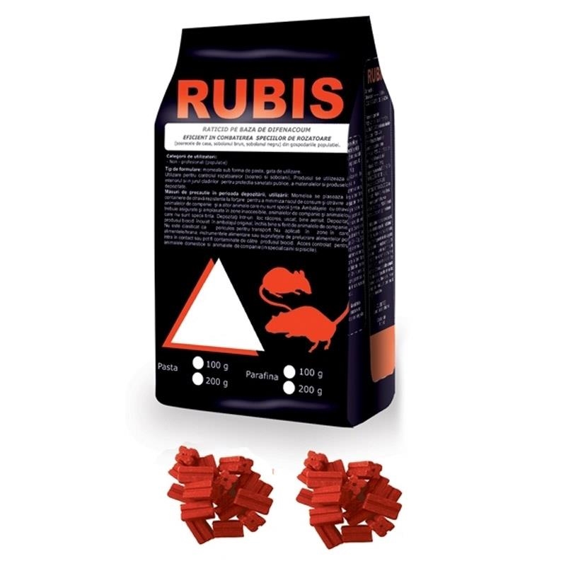 Raticid parafina pe baza de Difenacoum pentru deratizare (Rubis 100gr)