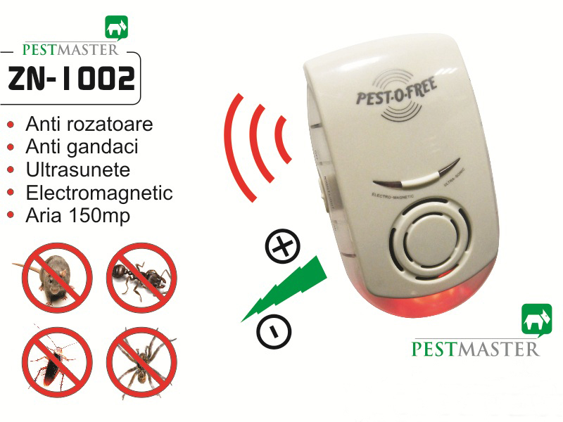 Aparat cu ultrasunete si unde electromagnetice impotriva soarecilor, rozatoarelor si insectelor taratoare- Pestmaster ZN1002 - 150 mp 